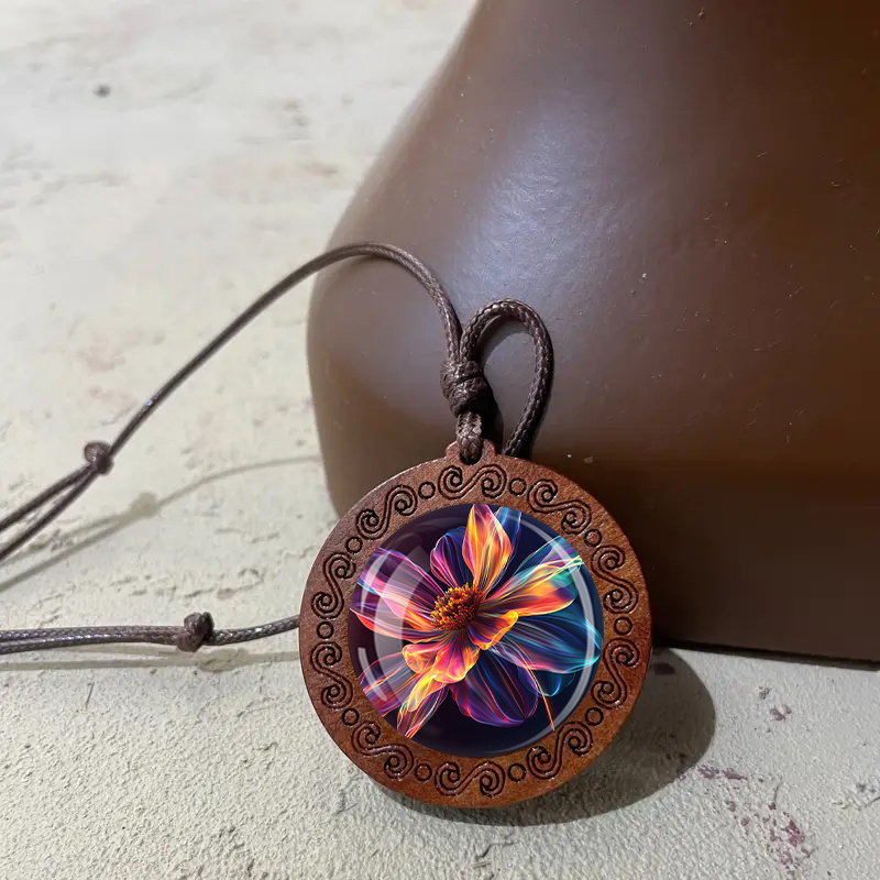 Neon Gradient Flower Wooden Pendant Necklace, Unisex