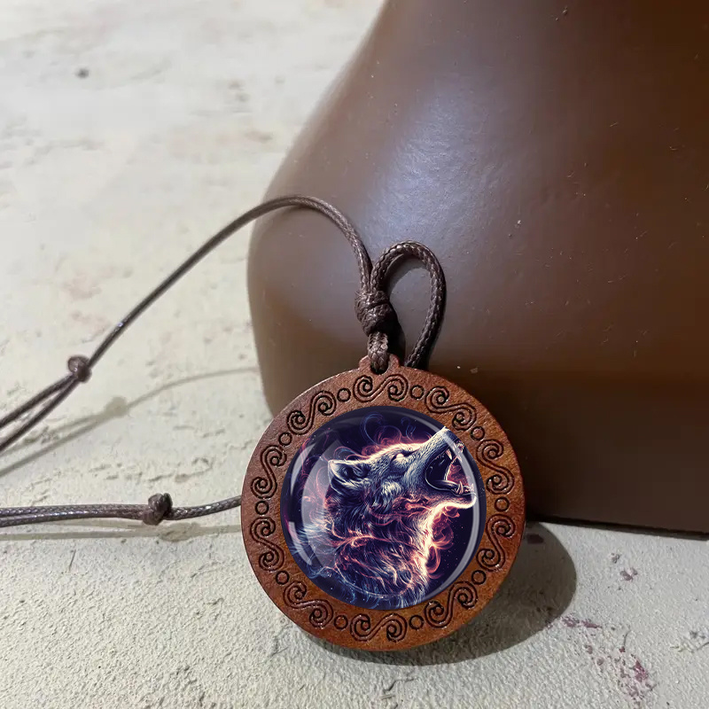 Wooden Wolf Howling Pendant Necklace, Unisex Adjustable Cord