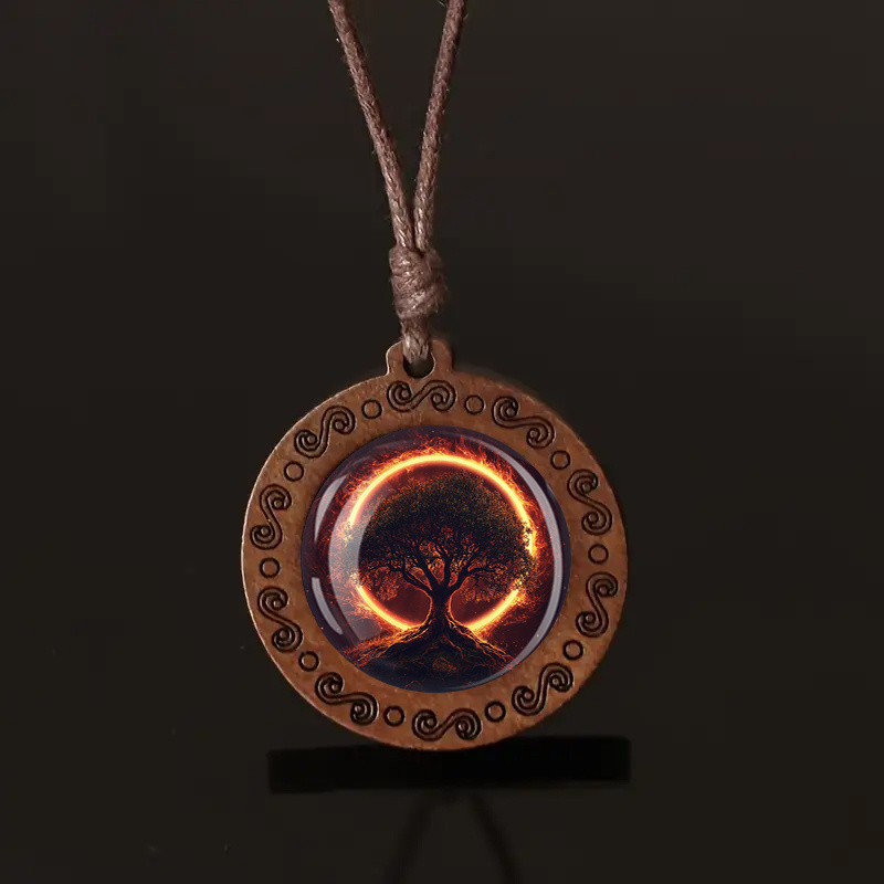 Image of Flaming Tree Of Life Wooden Pendant Necklace - Adjustable Cord, D Wood Unisex Jewelry For Casual Attire & Festival Gifts, Protection & Spiritual Growth Design