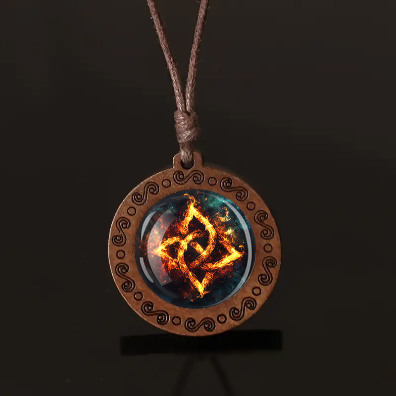 Flame Triangle Star Pattern Wooden Pendant Necklace