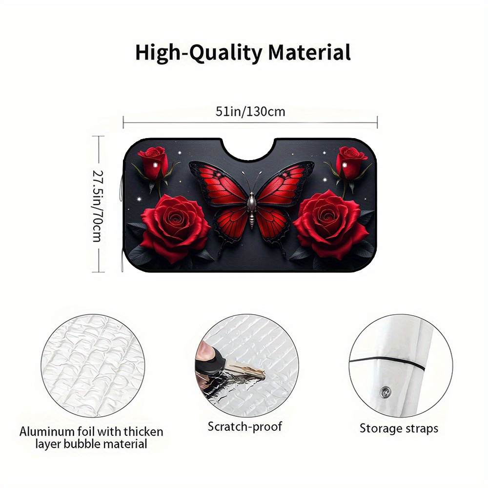 TEMU 1pc, Red Roses Dark Sparkles Car Front Windshield Sunshade, Folding Sun Visor For Vehicle, Designed To Comfortable Interior Temperature On Daily