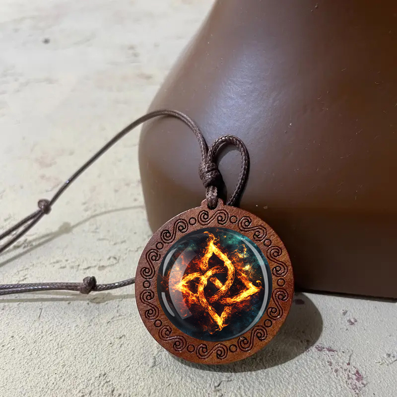 Flame Triangle Star Pattern Wooden Pendant Necklace
