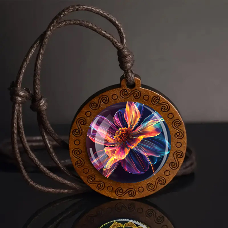 Neon Gradient Flower Wooden Pendant Necklace, Unisex