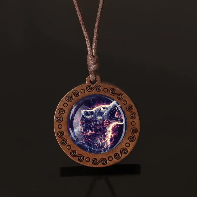 Wooden Wolf Howling Pendant Necklace, Unisex Adjustable Cord