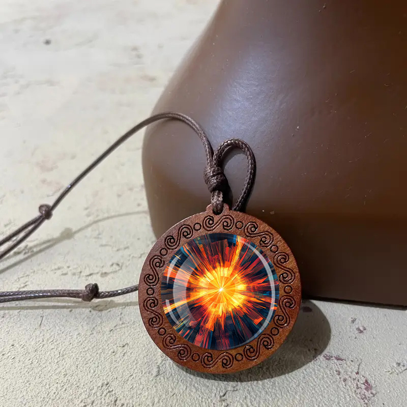 Adjustable Wooden Pendant Necklace with Vibrant Orange-Red Pattern