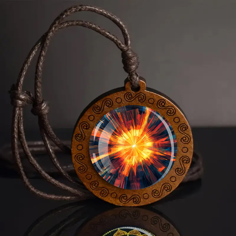 Adjustable Wooden Pendant Necklace with Vibrant Orange-Red Pattern