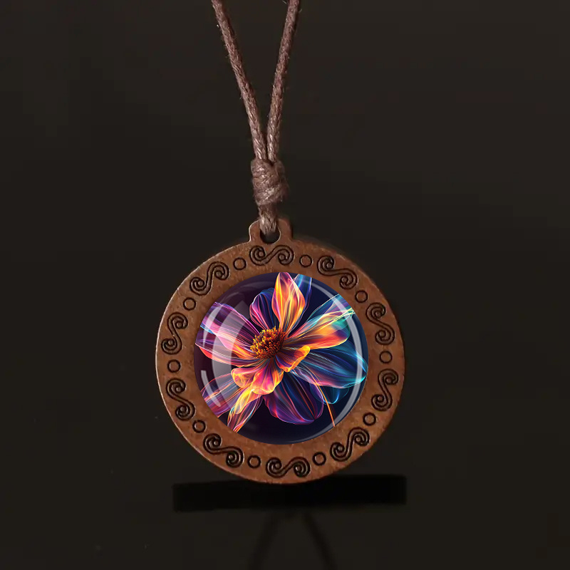 Neon Gradient Flower Wooden Pendant Necklace, Unisex