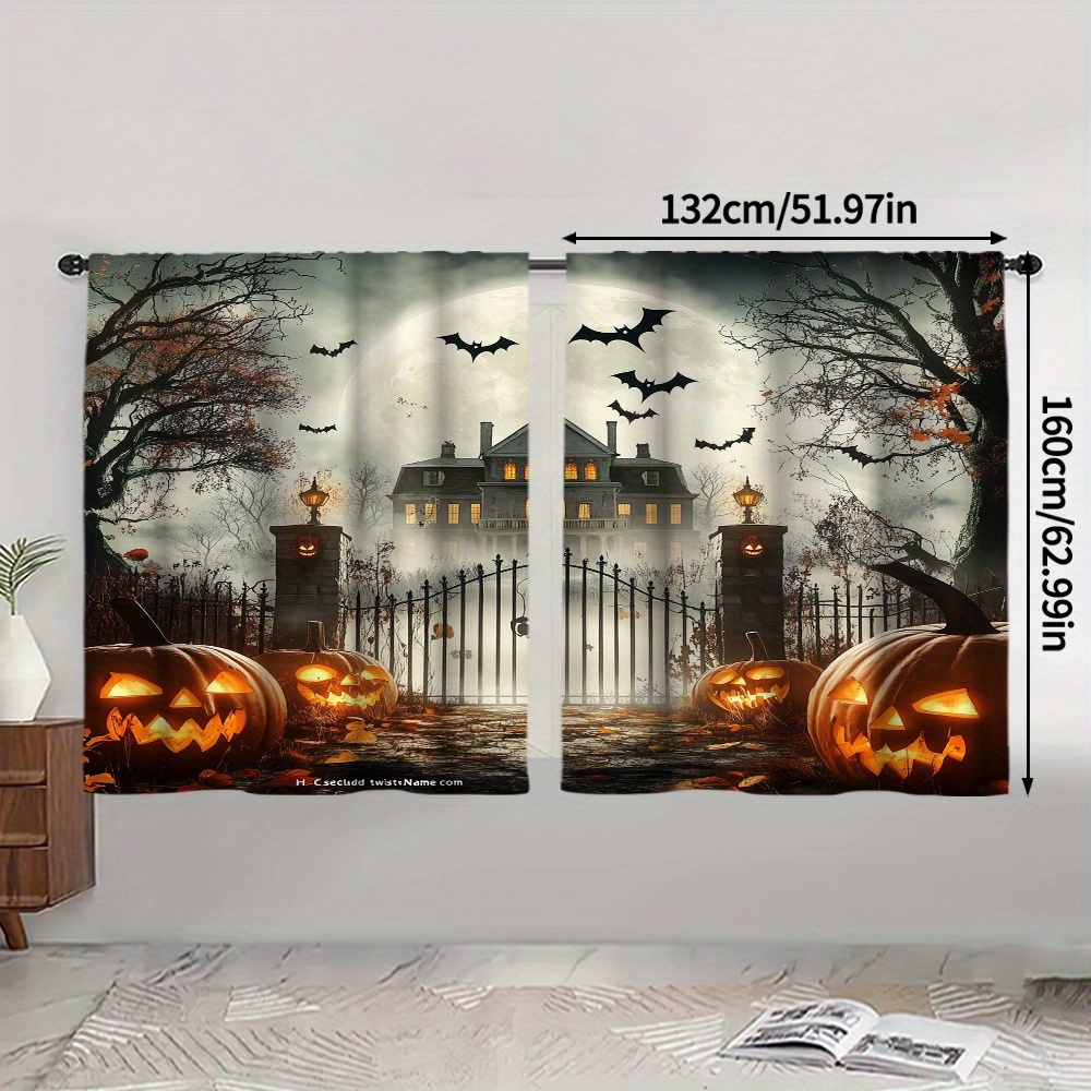 TEMU 2pcs Halloween Haunted Castle Curtains - 2d Flat Printing Polyester, Spooky Night Scene With Bats, Jack-o'-lanterns & Haunted Mansion,