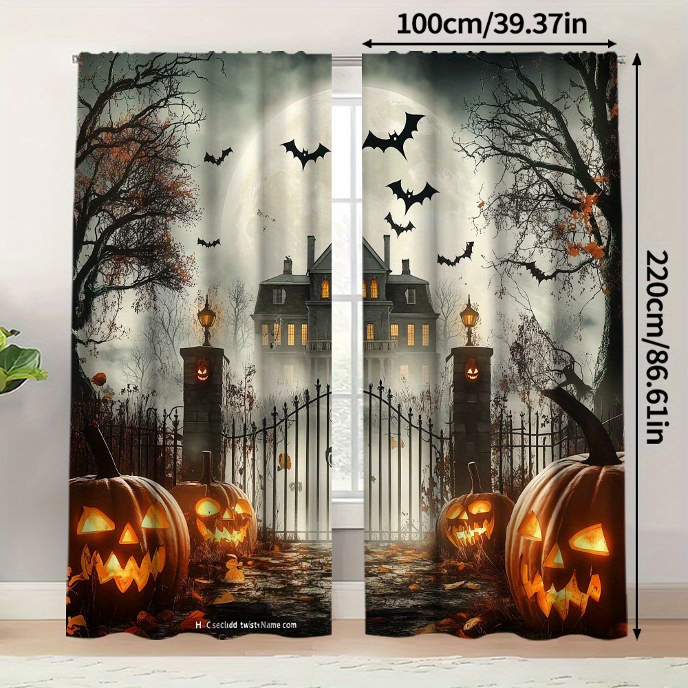 TEMU 2pcs Halloween Haunted Castle Curtains - 2d Flat Printing Polyester, Spooky Night Scene With Bats, Jack-o'-lanterns & Haunted Mansion,