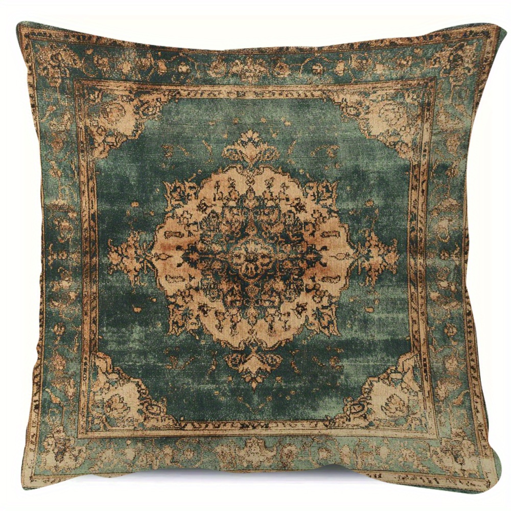 TEMU 1pc Double-sided Decorative Pillowcase - Antique Green Frosted Persian Carpet Print, Traditional Retro Style 18x18 Inches For Sofa, Living Room,