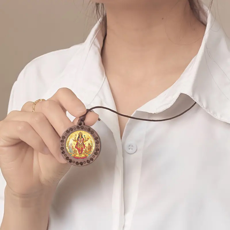 Adjustable Wooden Pendant Necklace, Hindu Deity Design