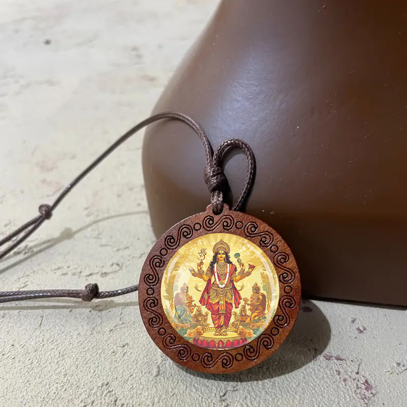 Adjustable Wooden Pendant Necklace, Hindu Deity Design