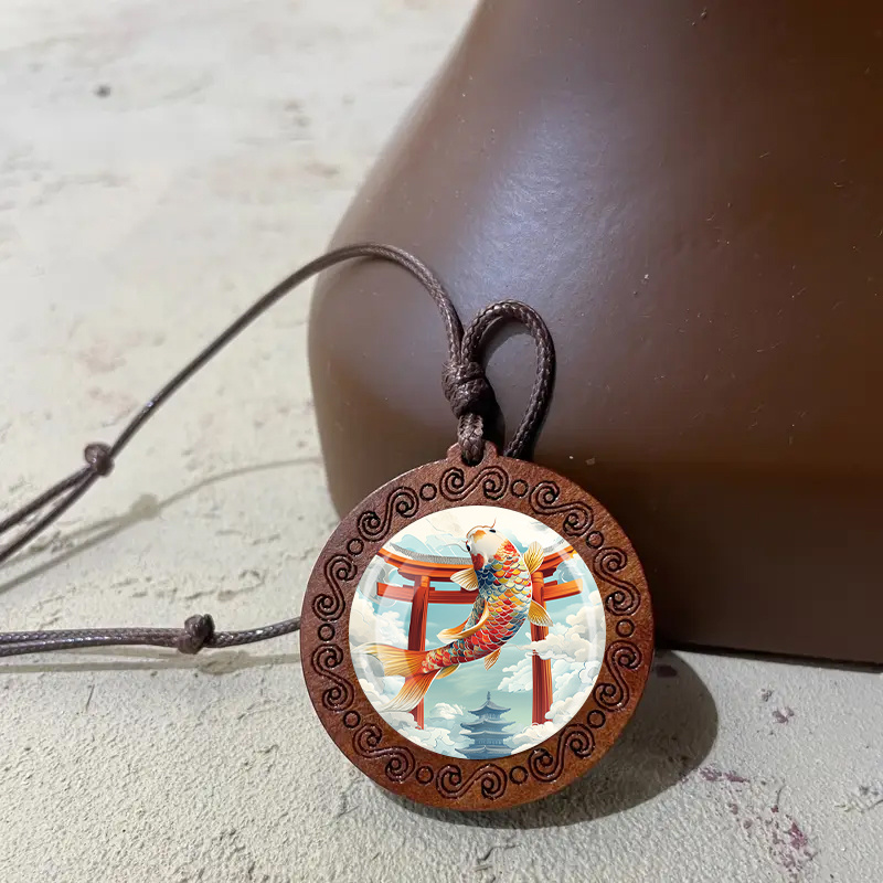 Koi and Torii Wooden Pendant Necklace, Unisex