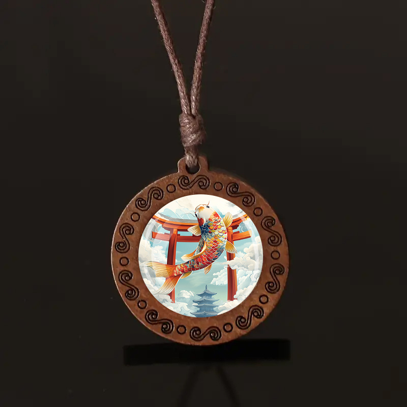 Koi and Torii Wooden Pendant Necklace, Unisex