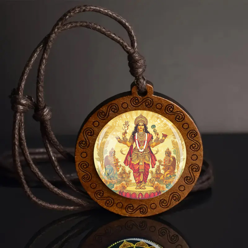 Adjustable Wooden Pendant Necklace, Hindu Deity Design