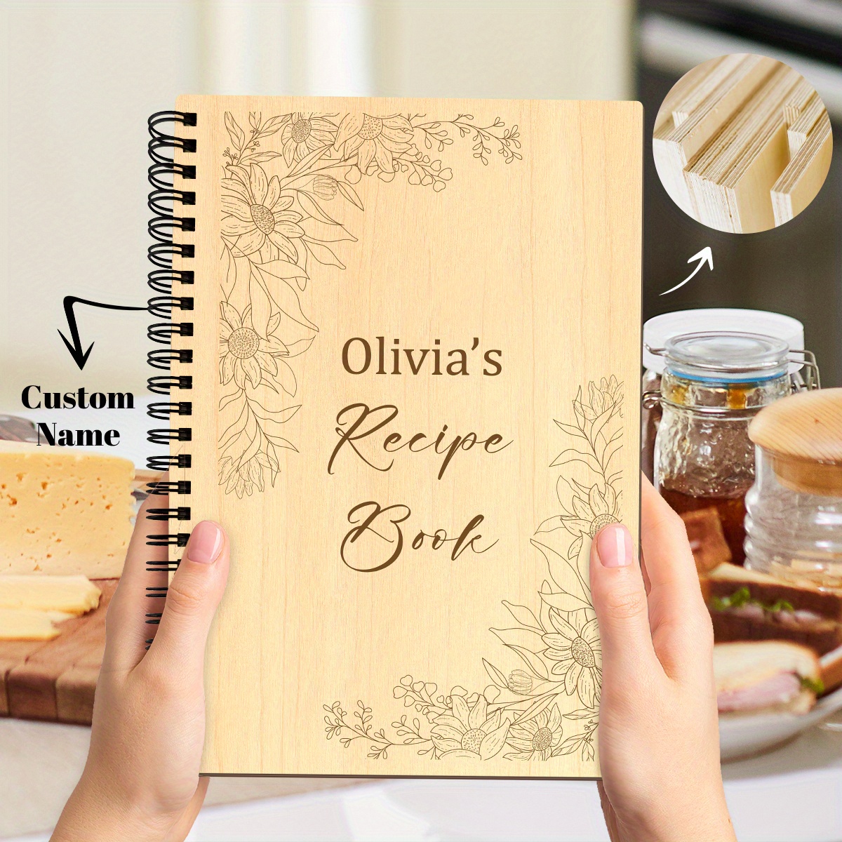 TEMU 1pc Boho Style Personalized Wooden Spiral Notepad, 40 Pages, 5.71 X 8.27 Inches - Customizable Cookbook & Recipe Book With , Perfect Gift For