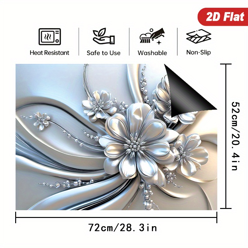 TEMU 1 pièce Housse de Polyvalente 72x52cm, Design Floral Argenté en 2D, Adaptée aux Plaques de Cuisson, Induction et Céramique, -Rayures, Facile à