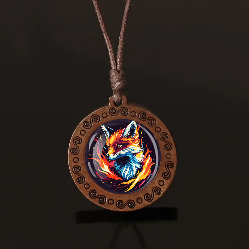 Unisex Flame Shadow Fox Wooden Pendant Necklace
