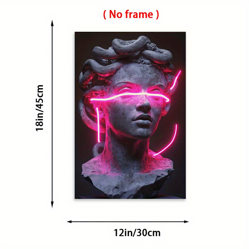 TEMU 2d Flat, Posters & Prints [2d Flat] 1pc Frameless Neon Medusa Canvas Print - Ultra Large Punk Greek Statue Wall Art, Modern Pink Neon Decor For