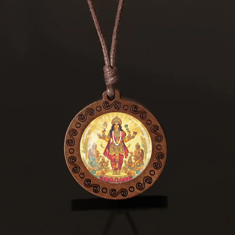 Adjustable Wooden Pendant Necklace, Hindu Deity Design
