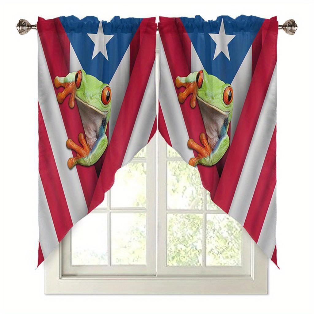 TEMU 2pcs Puerto Rican Flag And Frog Element Patriotic Style Small Curtains, Kitchen Window Decor For Home Decoration To Showcase