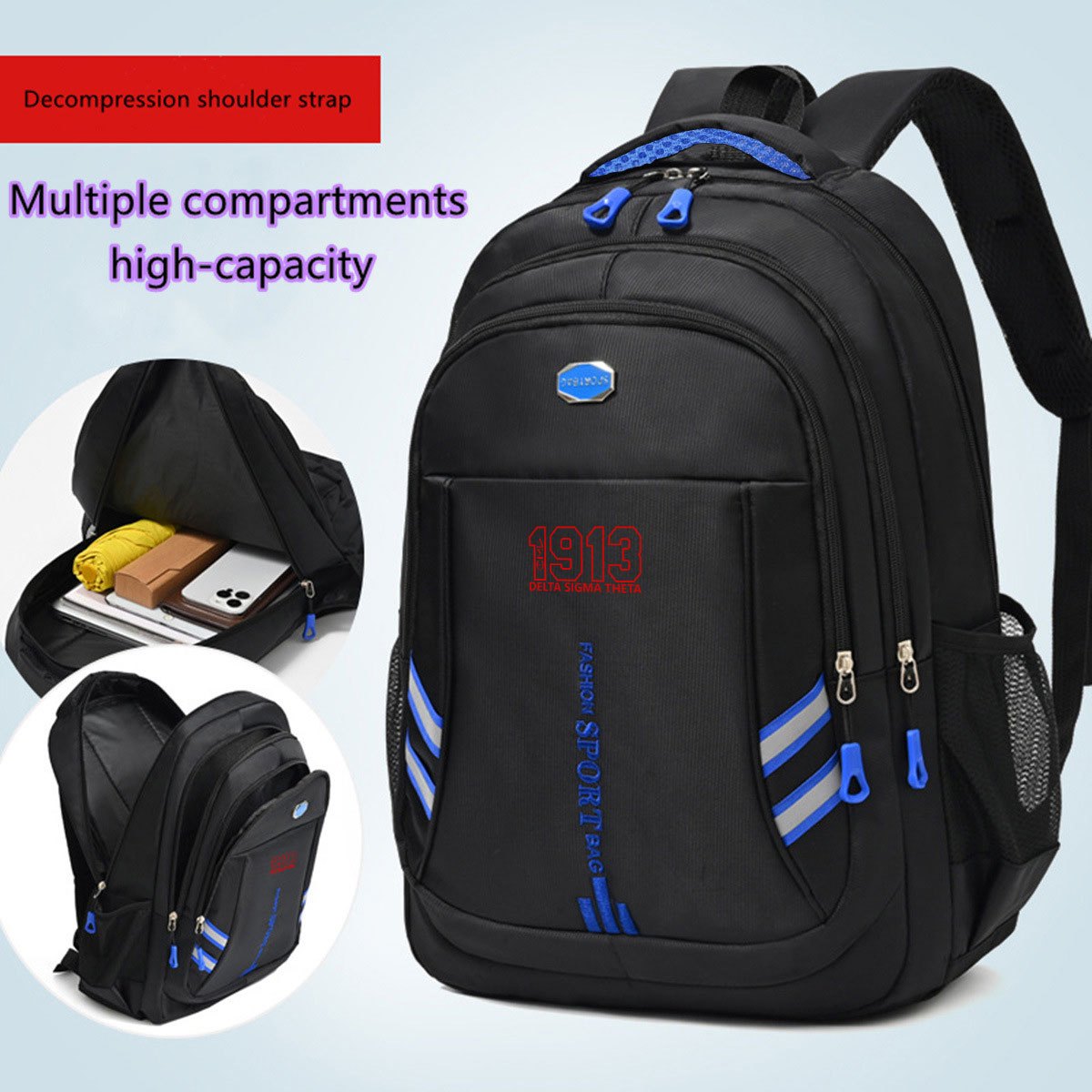 1913       sorority backpack unisex casual sporty bag with multiple compartments high capacity   black blue contrast stitching for daily     backpack for travel school essentials   sturdy construction organized compartments   travelers 0
