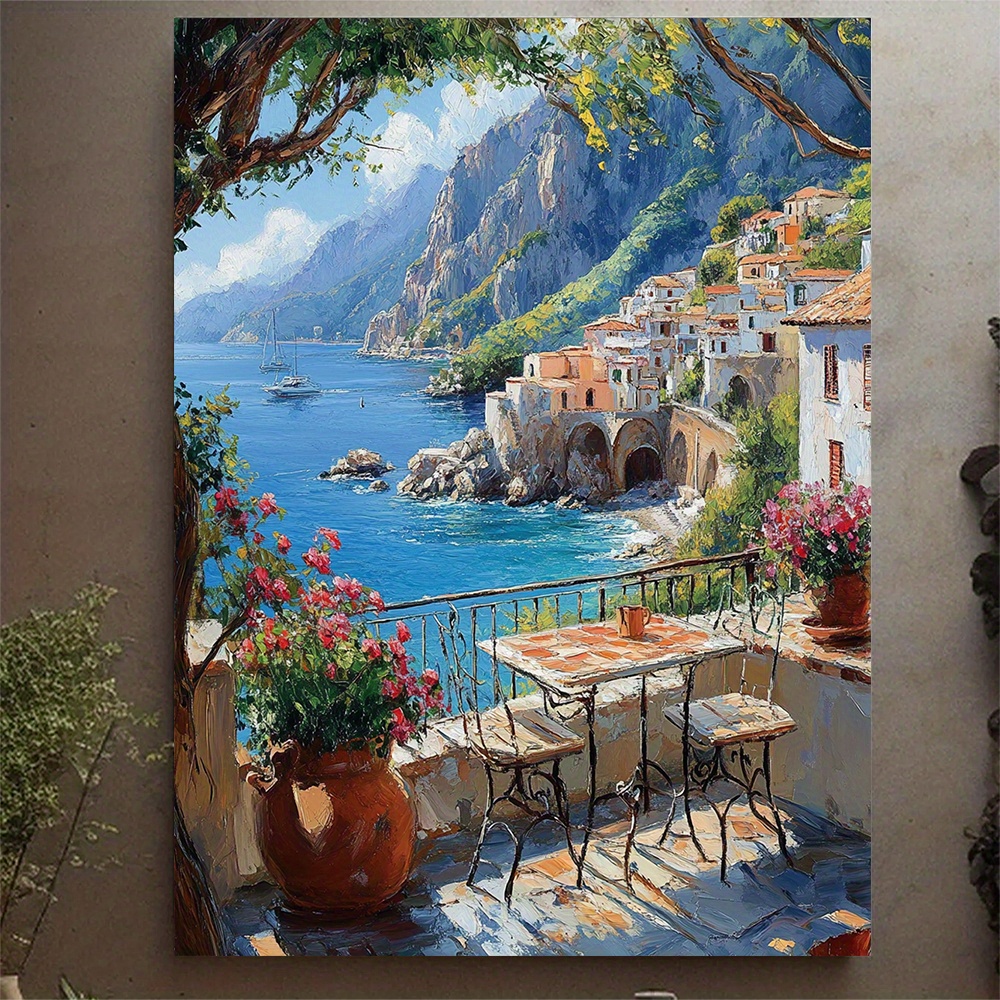 TEMU 2d Flat, 2d Flat, 1pc Italian Cafe Canvas Wall Art, 30.48x40.64cm, Mediterranean Seaside Scene With Amalfi , Sailing Boat And , Wooden Frame,
