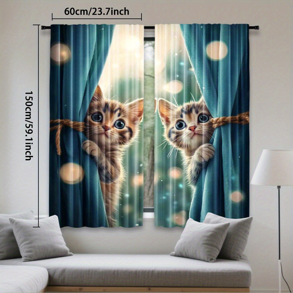 TEMU 2pcs Cute Kittens Peeking Through Curtains - Durable Polyester Rod Pocket Lightweight Semi-sheer Window Drapes With , Machine Washable For