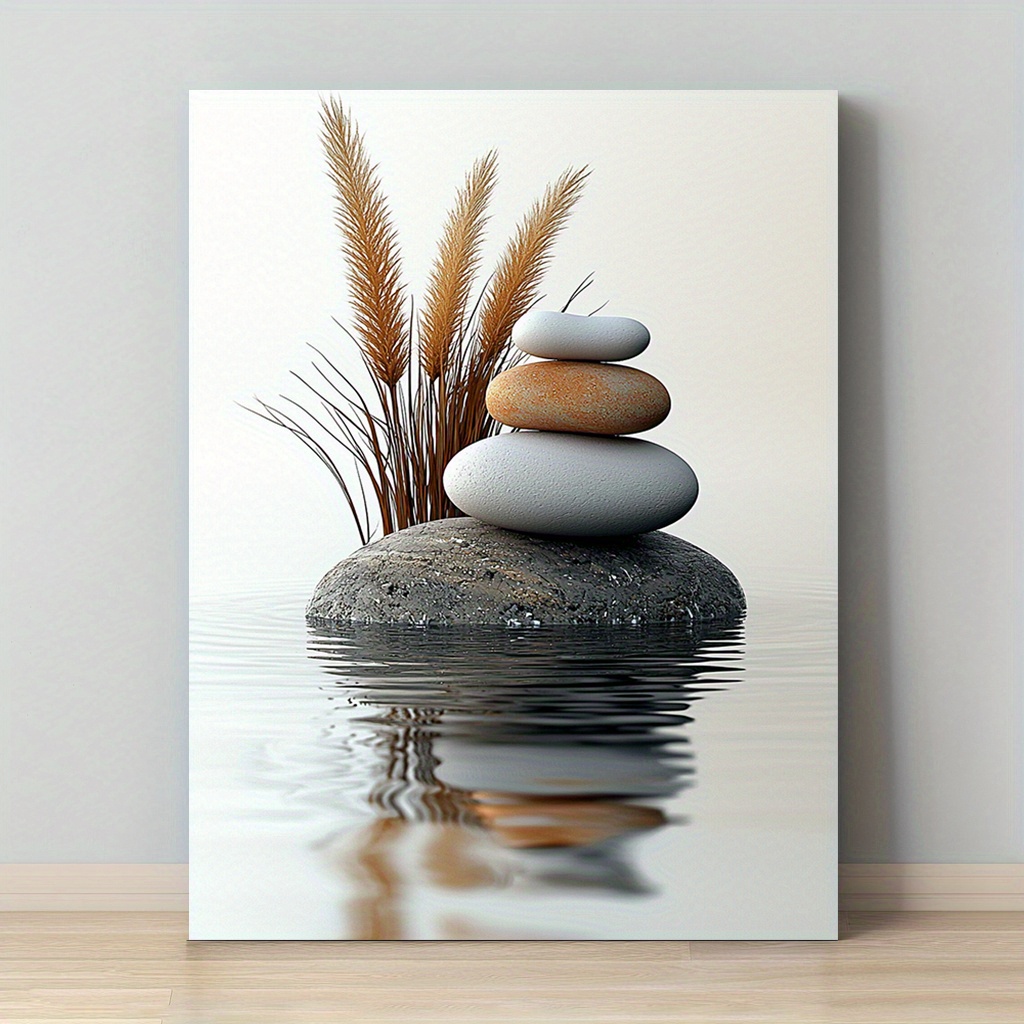 TEMU 2d 1pc Wooden-framed Canvas Printed Decorative Painting Zen Stacked Stones & Reeds Water Canvas Wall Art - Modern Minimalist Framed Painting