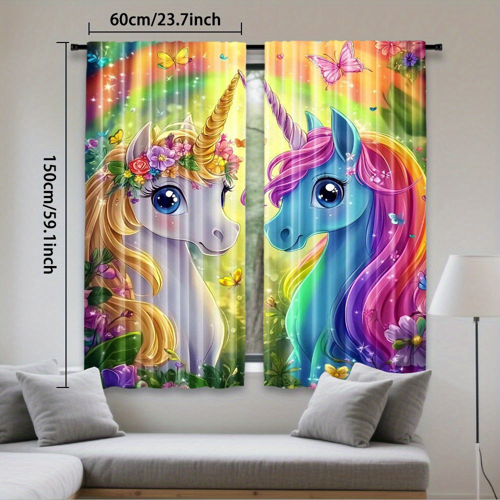 TEMU 2 pièces, Rideau Imprimé Licorne , Montage à Poche de Tringle, Impression Numérique, Polyester, Adapté pour Salon, Cuisine, Chambre, Bureau,