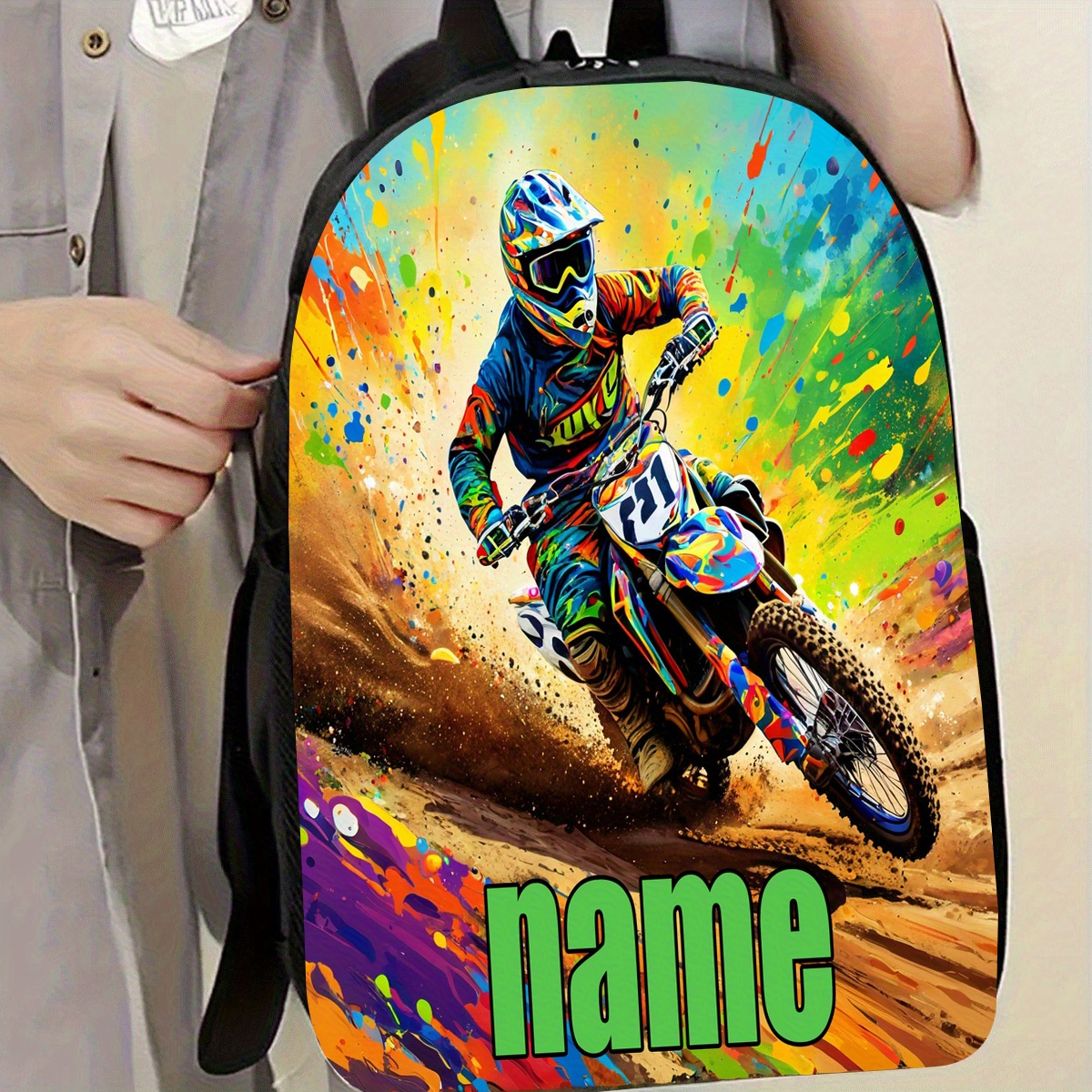TEMU 1pc Customizable Text Off-road Motorcycle Backpack, Personalized Name Backpack, Large Capacity 17-inch Casual Backpack Laptop Bag With Water