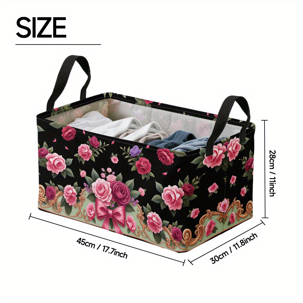 TEMU 1pc, Extra Large Roses Floral Print Foldable Square Hamper With Heavy-duty Oxford Material, Storage Box For Blankets, Bedding, Clothing, Home