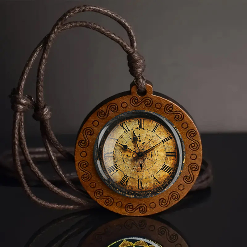 Image of A Vintage 2d Non-realistic Clock Wooden Pendant Necklace, Unisex, With An Adjustable Cord, Suitable For Everyday Wear And As A Gift For Holidays.