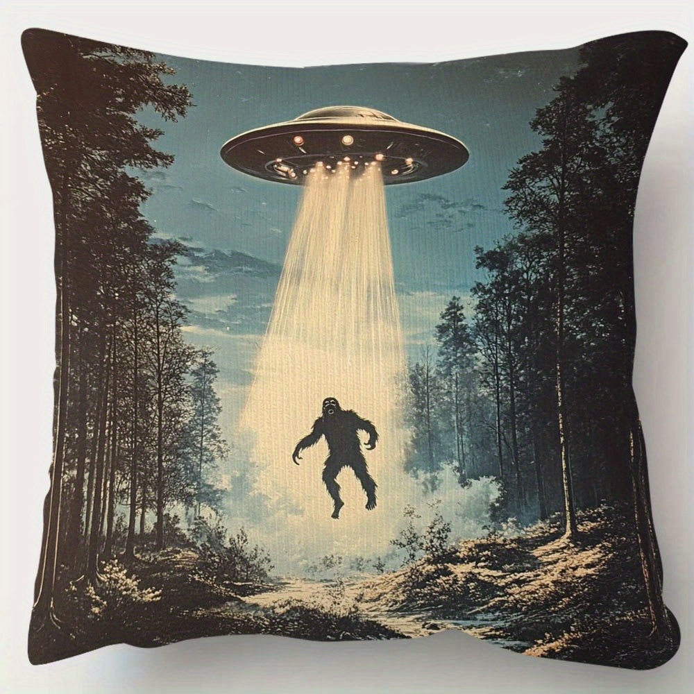 TEMU 1pc Retro Ufo Abduction Throw Pillow Cover, 18x18 Inch, Single-sided Short Plush Decorative Pillow Cover, Polyester, Zipper Closure, Hand Wash,