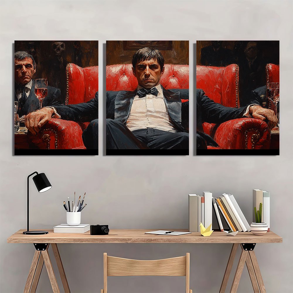 Een set wanddecoraties met drie ingelijste canvasprints geïnspireerd door 'Scarface