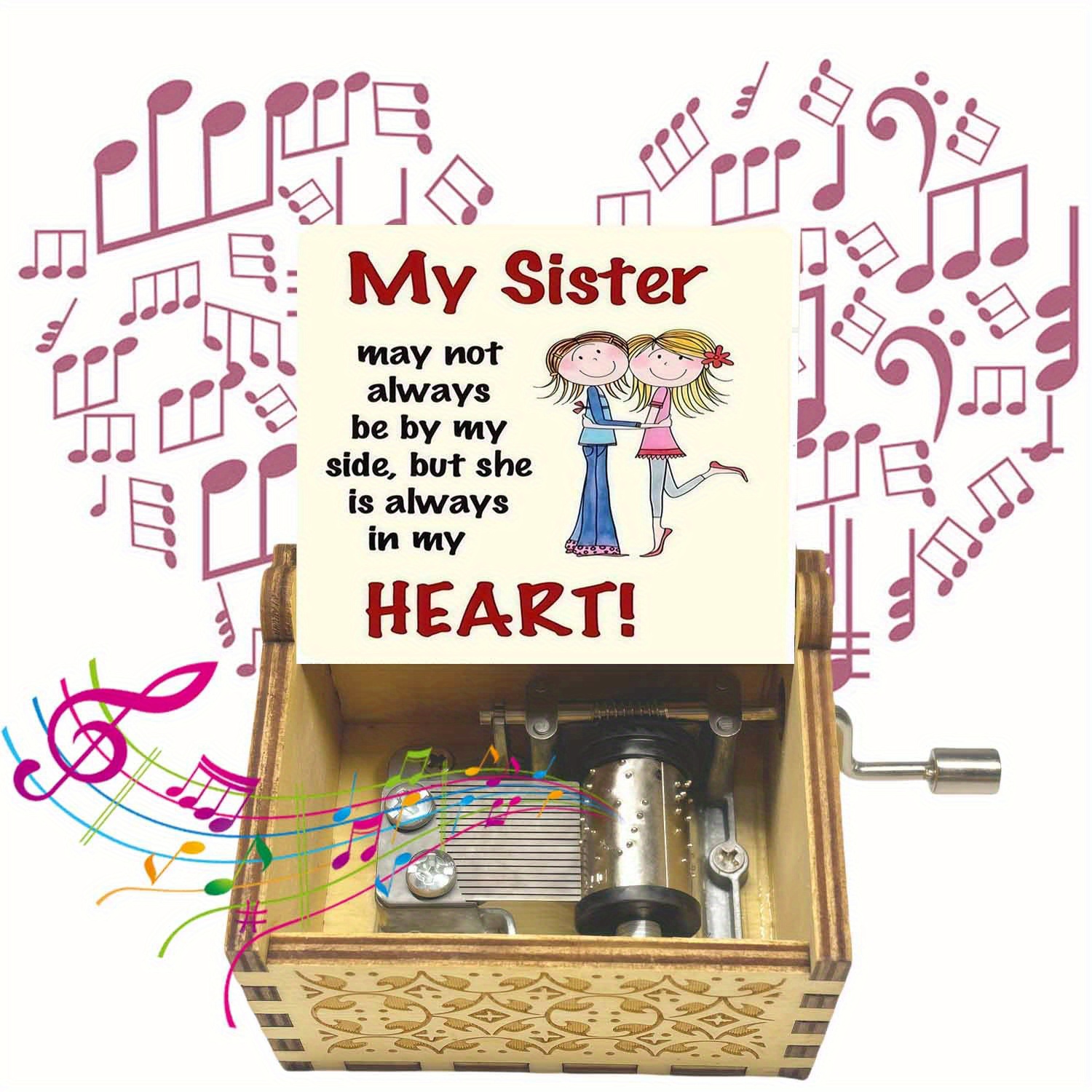 TEMU 1pc My Sister May Not Be Retro Wooden Hand-cranked Music Box, Gift For , Ideal For Birthdays, Anniversaries, Holidays, Valentine's, Weddings,