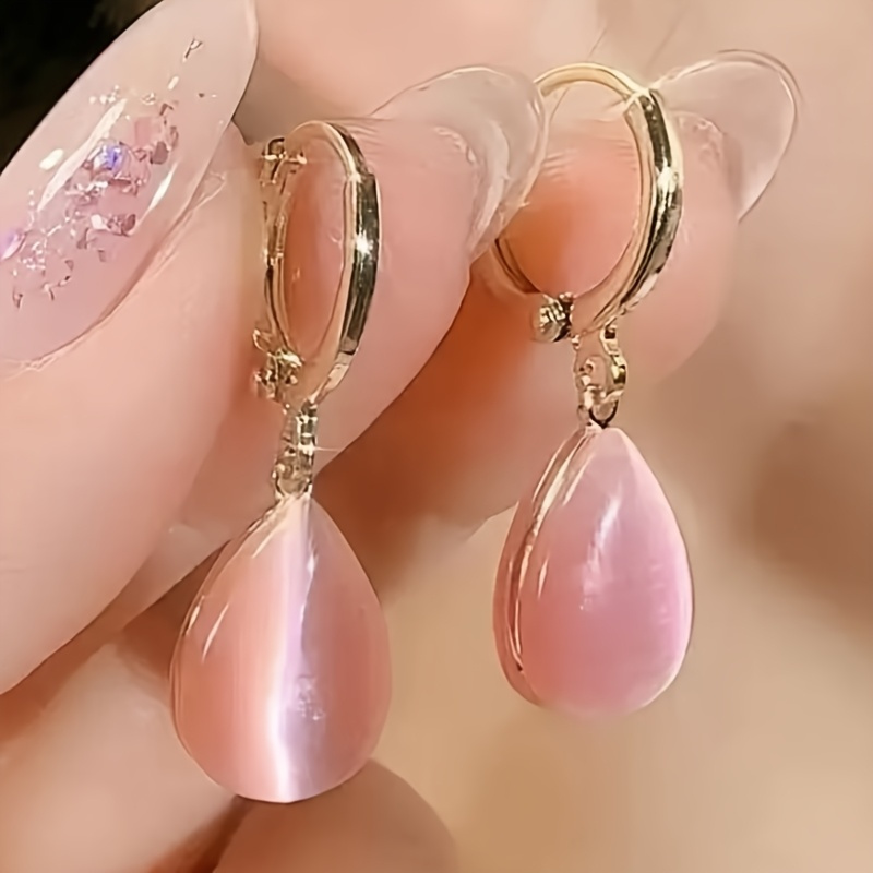 TEMU 1 Pair Of Simple And Elegant Double-sided Color Tone Teardrop Shaped Cat Eye Stone Pendant Earrings, Perfect For Women' Wear And Party Use,