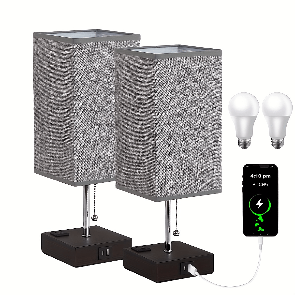 TEMU Usb-c And Usb-a Table Lamp With Outlet, Led Bedside Lamp Set With Touch Control Or Pull Chain Switch, Grey Fabric Shade/multiple Colors, Bulb