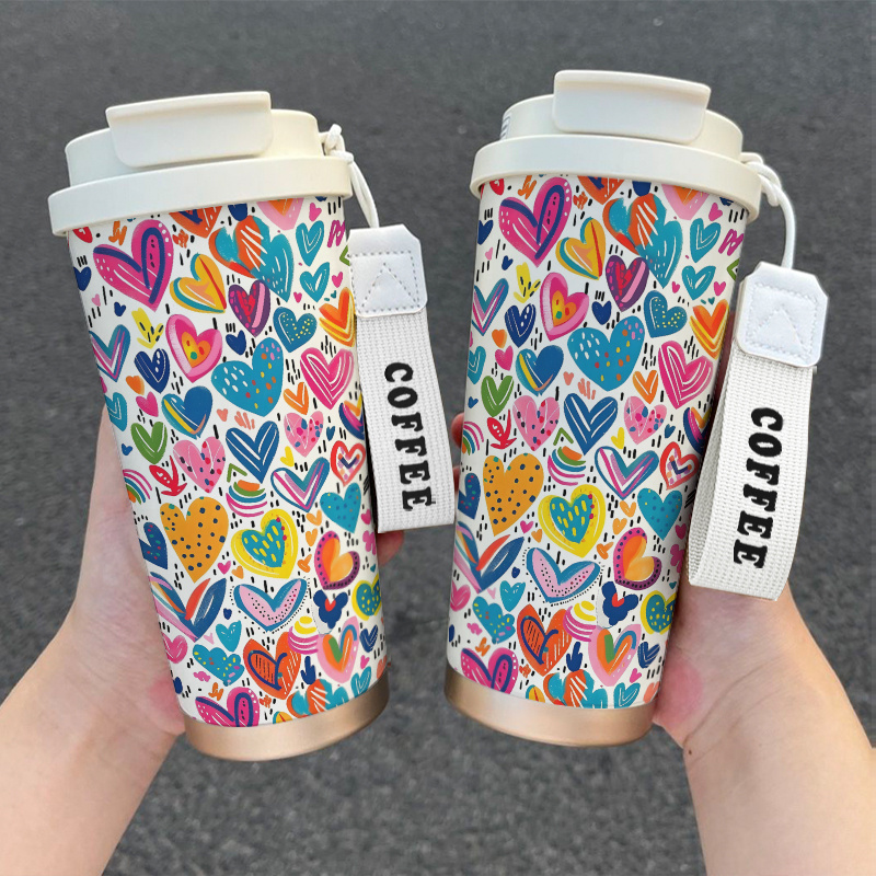 530ml stainless steel insulated   mug with straw spill proof lid double wall vacuum insulation leakproof travel coffee cup cute love heart pattern rainbow colorful hearts for hot cold drinks valentines day gifts office   essentials portable coffee   for women girls 2
