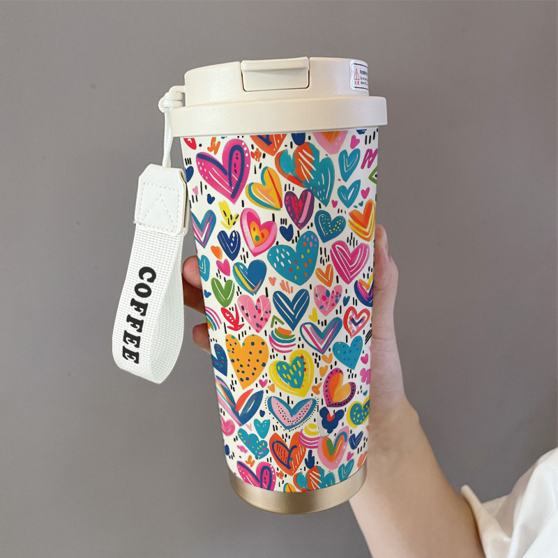 530ml stainless steel insulated   mug with straw spill proof lid double wall vacuum insulation leakproof travel coffee cup cute love heart pattern rainbow colorful hearts for hot cold drinks valentines day gifts office   essentials portable coffee   for women girls 1