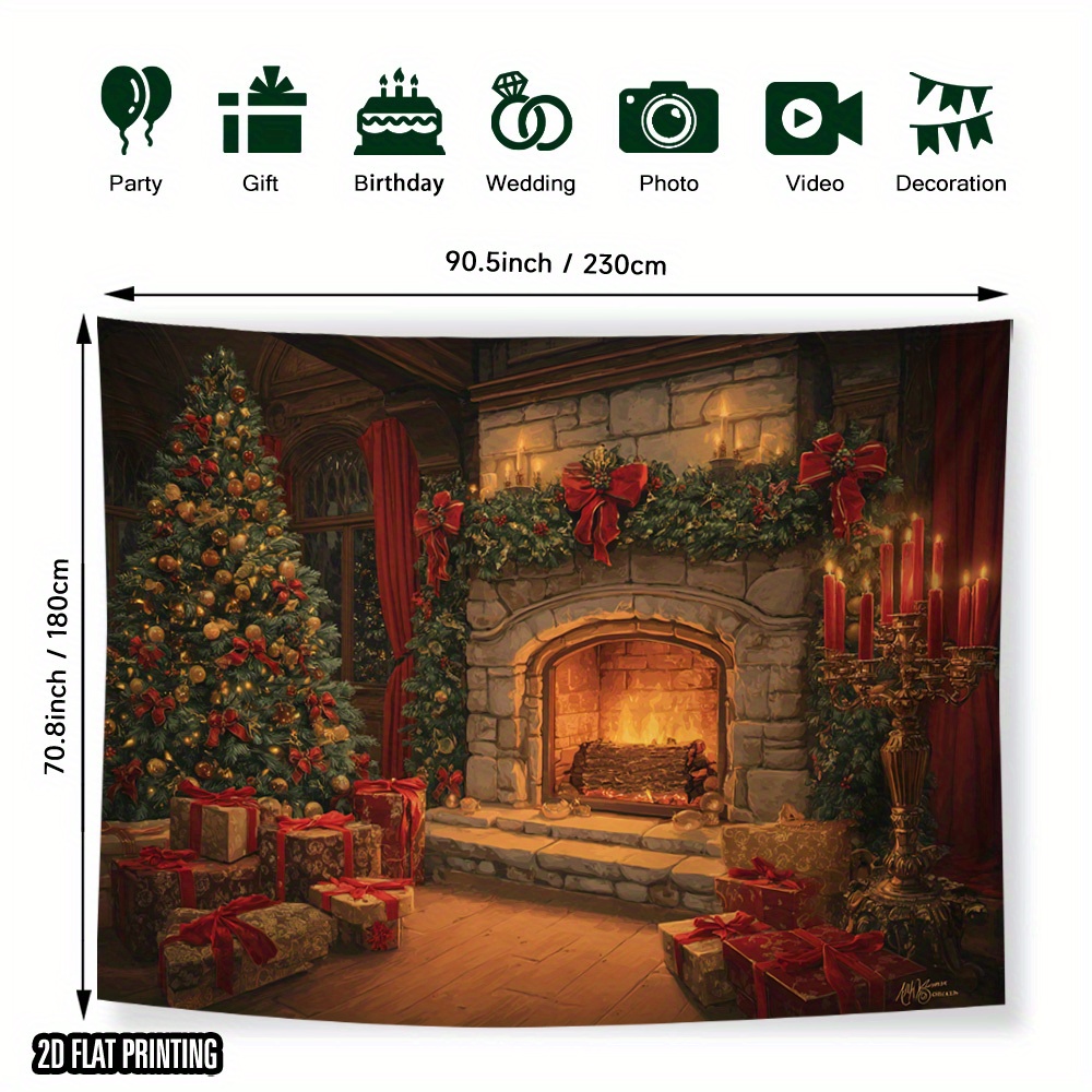 TEMU 1db Yuletide Hearth karácsonyi tapéta - 2D lapos poliészter fali akasztó kő kandallóval, gyertyákkal és ünnepi dekorációval - tökéletes