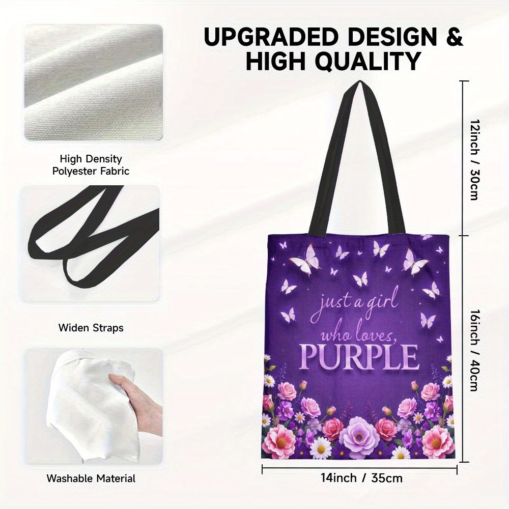 TEMU 1pc Chic " Who Purple" Tote Bag - Large Polyester Reusable Grocery Bag With , Ideal For Shopping, Beach & Everyday Use - Perfect Gift For Women,