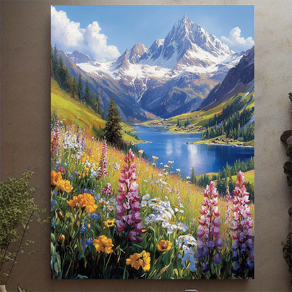 TEMU 1pc, With Frame, 12x16inch Mountain Landscape With Snow Capped , Wall Art Canvas Print, Vibrant Wildflowers, -3g619g0681
