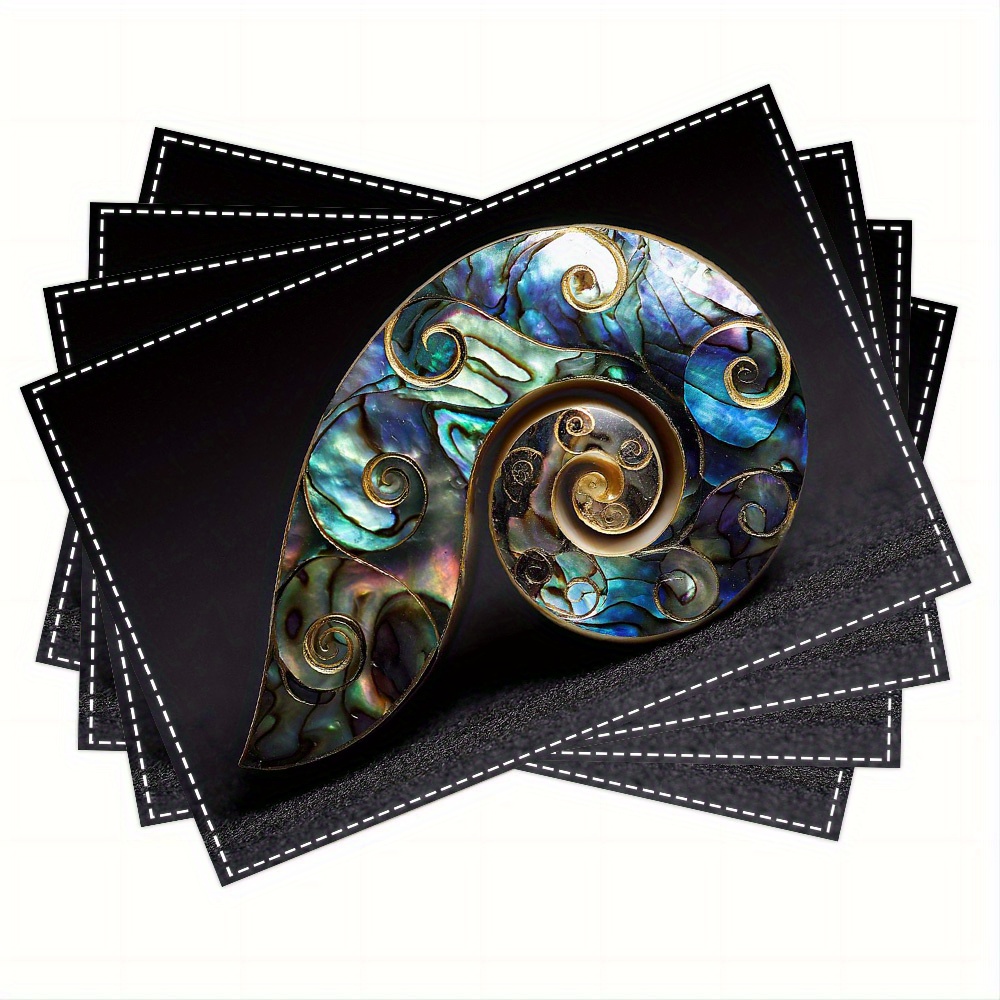 TEMU Jit4 Set Of New Zealand Paua Shell Pattern Koru Design Placemats - 12x18 Inch Square Mats Featuring And Golden Swirl Patterns, Made Of Durable