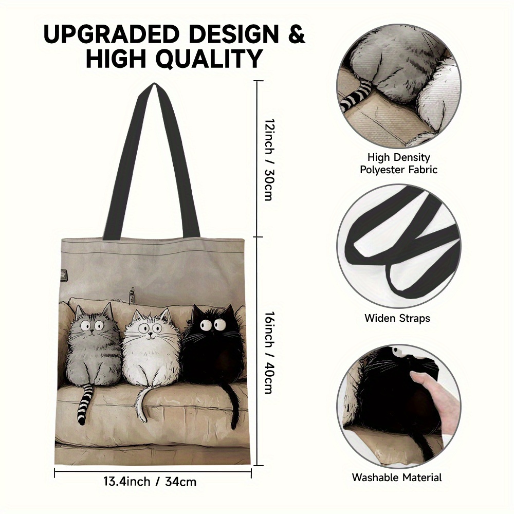 TEMU 1pc Large Capacity Feline Trio Print Tote Bag - Durable Polyester Shoulder Bag With Fixed Straps, Ideal For Daily Use, Planning, And Creative