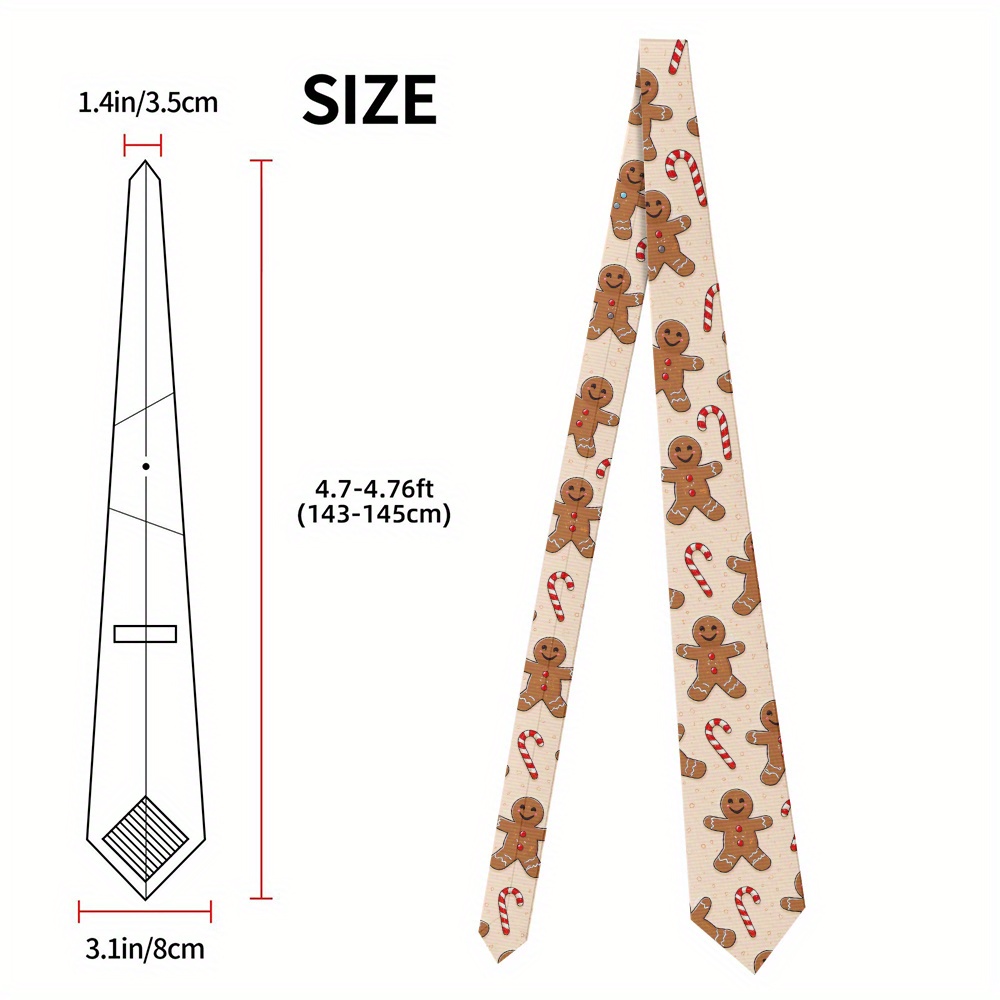 TEMU 1pc, Men's Tie, Christmas Gingerbread Candy Cane Pattern For Christmas, Printed Tie Unisex, Washable Polyester, Ideal For Business Meetings &