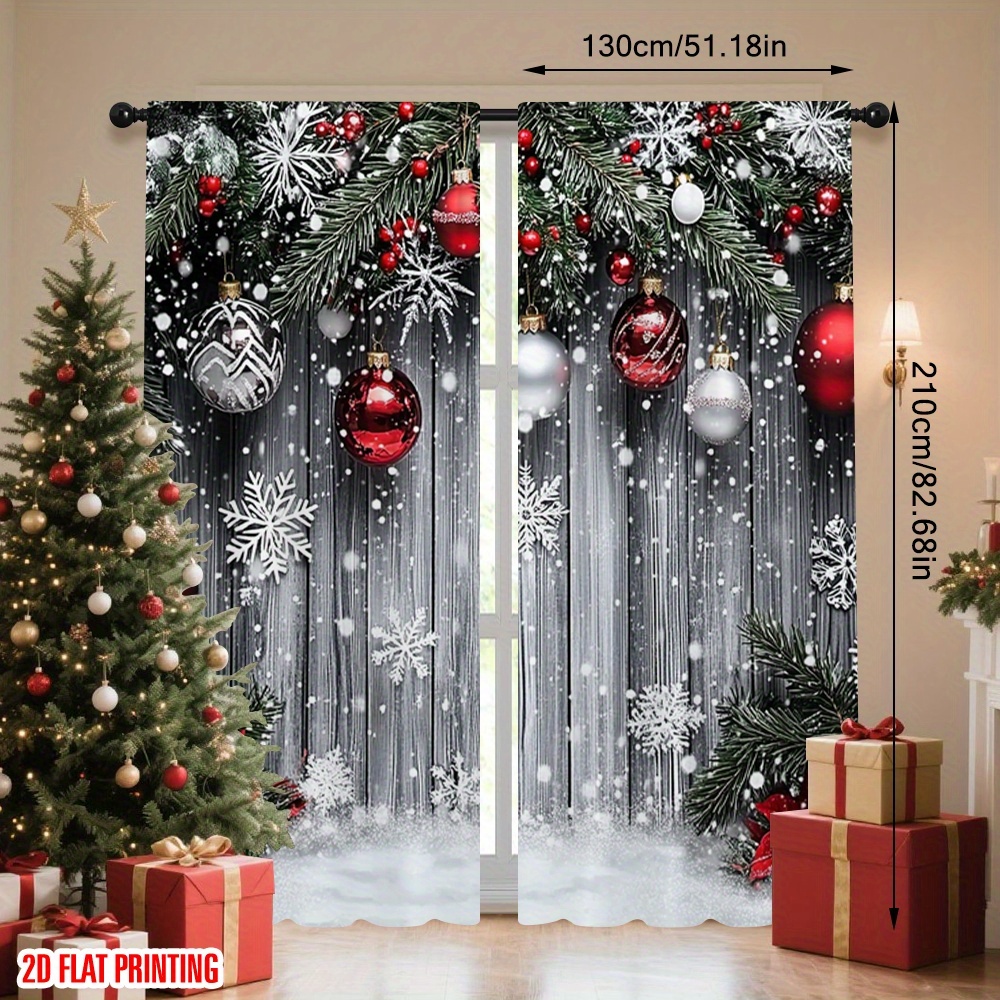 TEMU 2D Plat - 2D Plat - Impression 2D Plat 2pcs Rideau avec de Neige, Boules Rouges et Plantes Vertes Tissu Polyvalent Électricité Utilisation pour