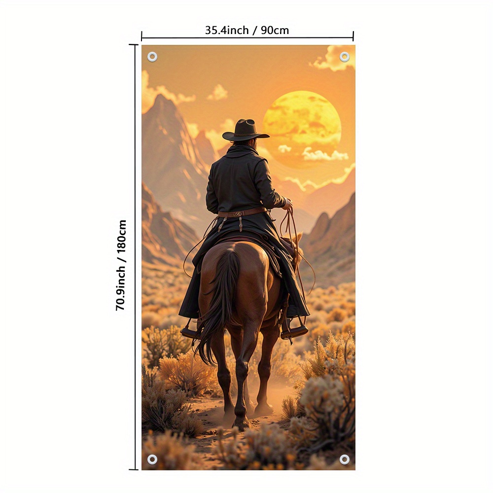 TEMU 2d Door Banner, 1pc Western Cowboy Silhouette Door Banner - 35.4x70.9 Inch Polyester Hanging Décor, No Electricity Needed, Vibrant Sunset For