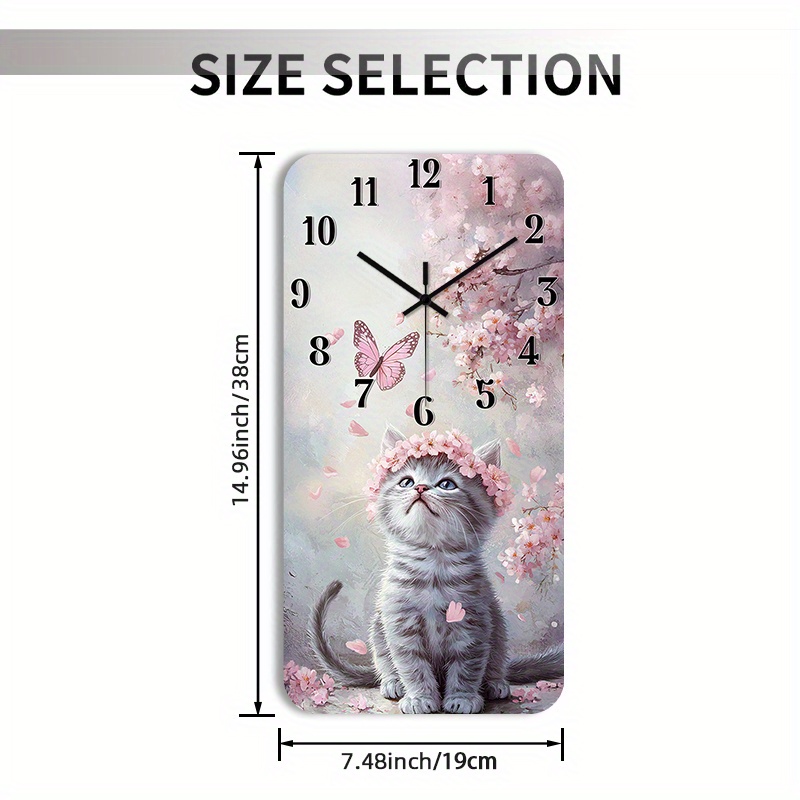 TEMU 1pc 2d Flat Wall Clock Non-ticking Wooden, Decorative Square Kitten With Cherry Blossoms Design For Dining Room, Hallway, Study Room, Home