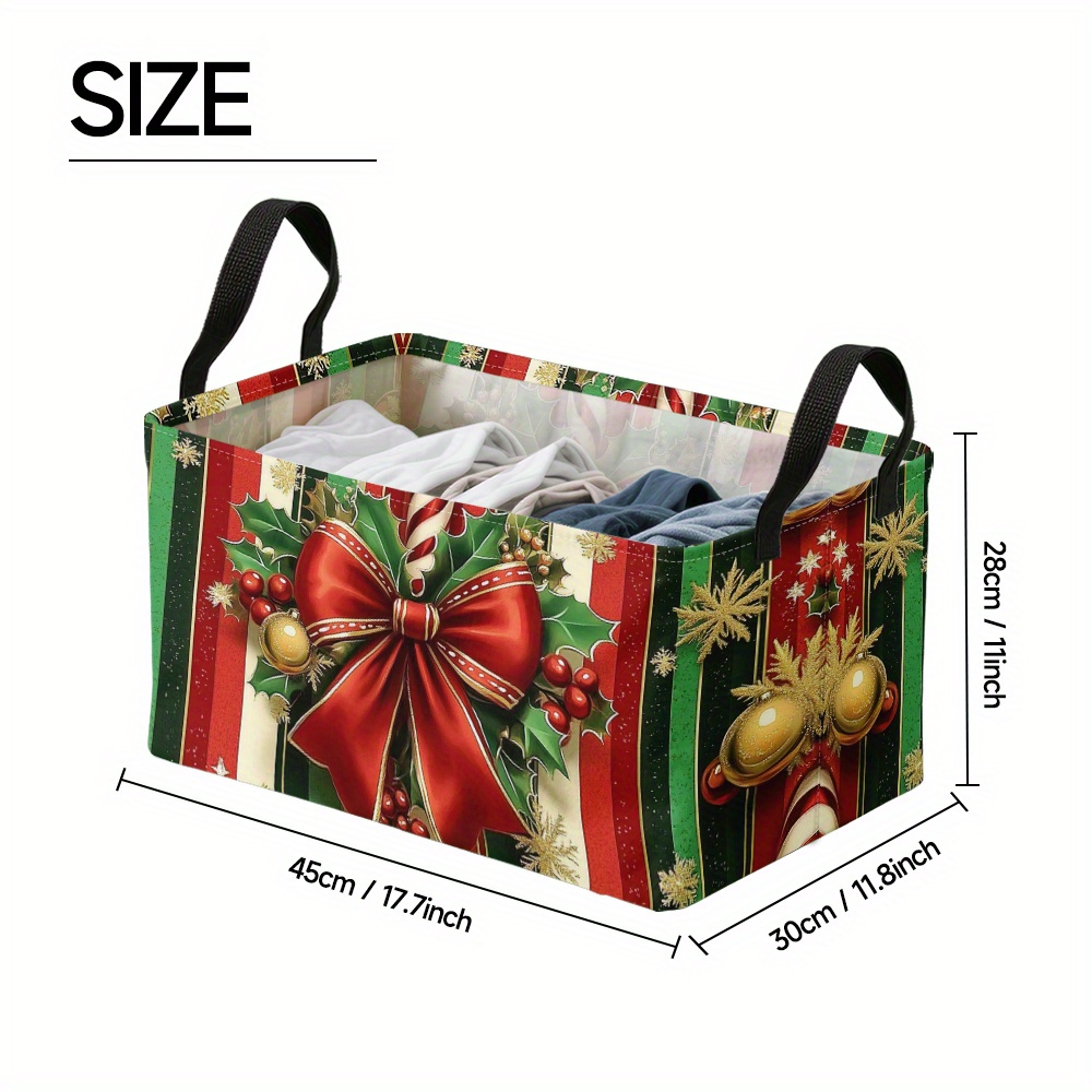 TEMU 1pc 1pcs Foldable/collapsible Storage Bin With Christmas Holly & Candy Bow Stripes - Oxford Organizer Box Suitable For Christmas Decor, Gift